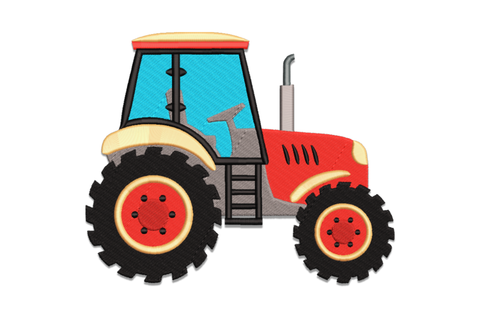 Side view red farm tractor embroidery with blue cab, tall exhaust stack, large treaded rear wheels and smaller front wheels, 7 color farm vehicle design with realistic detail