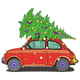 Red Vintage Car Carrying Christmas Tree Embroidery Design, Instant Download