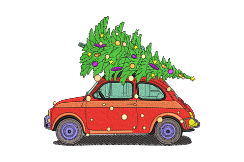 Red vintage Fiat car with a green christmas tree strapped to the roof, decorated with orange yellow and purple baubles.