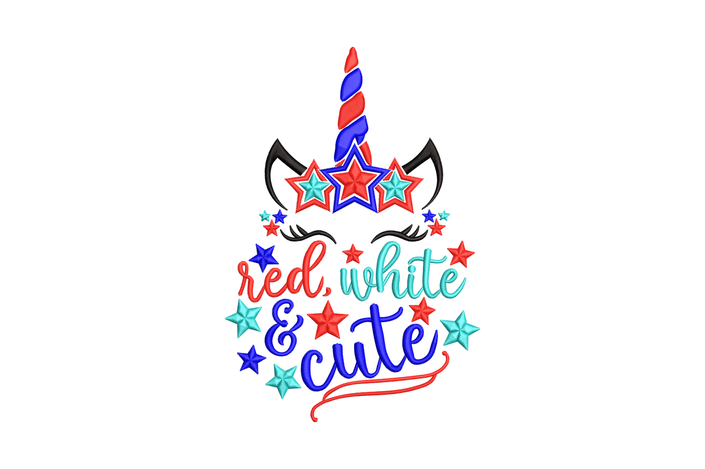 Red white and cute unicorn embroidery design with patriotic star crown and script on white background