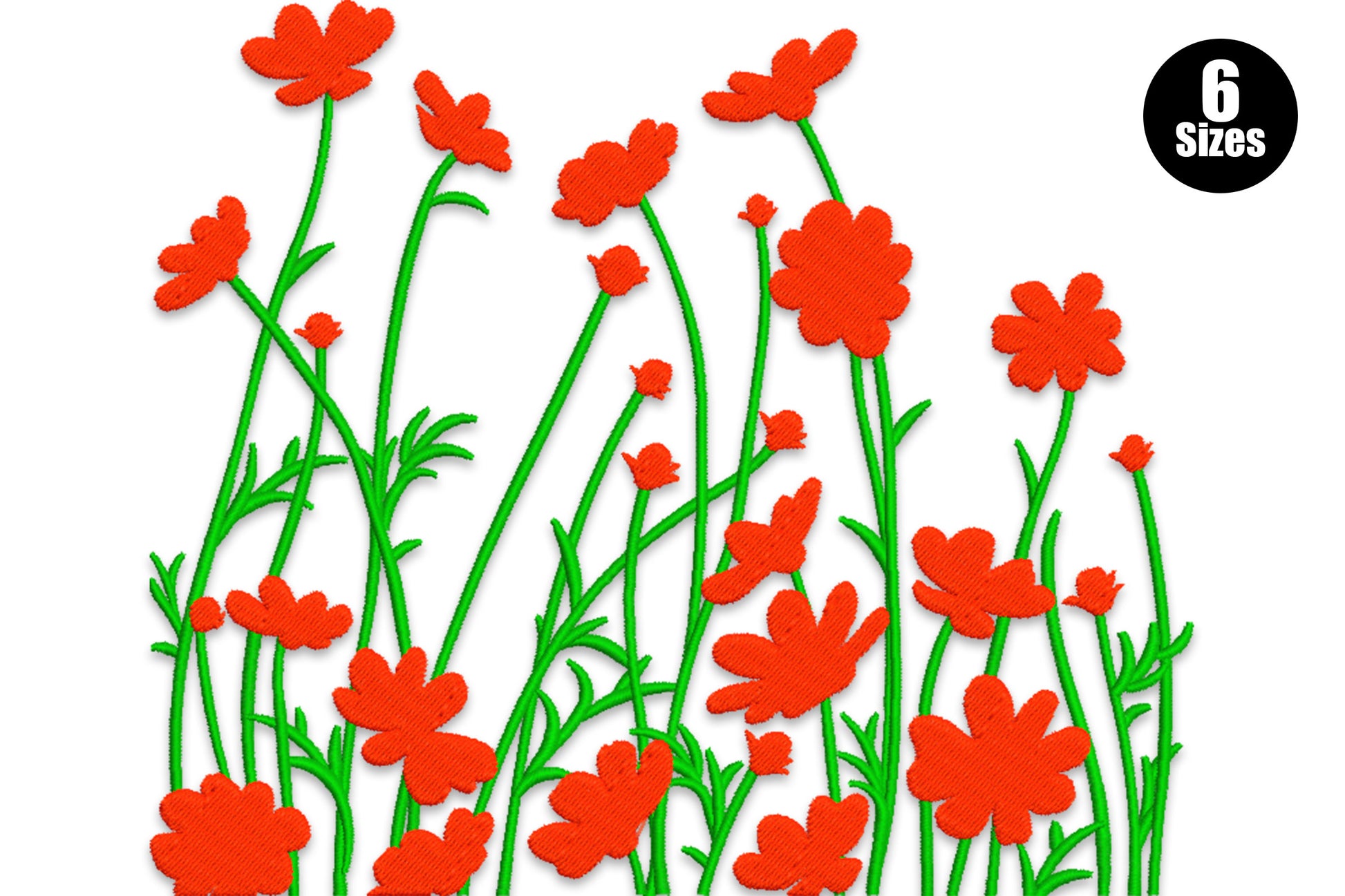 Red wildflowers embroidery design showing a dense meadow scene with bright red filled blooms and dark green arching stems.