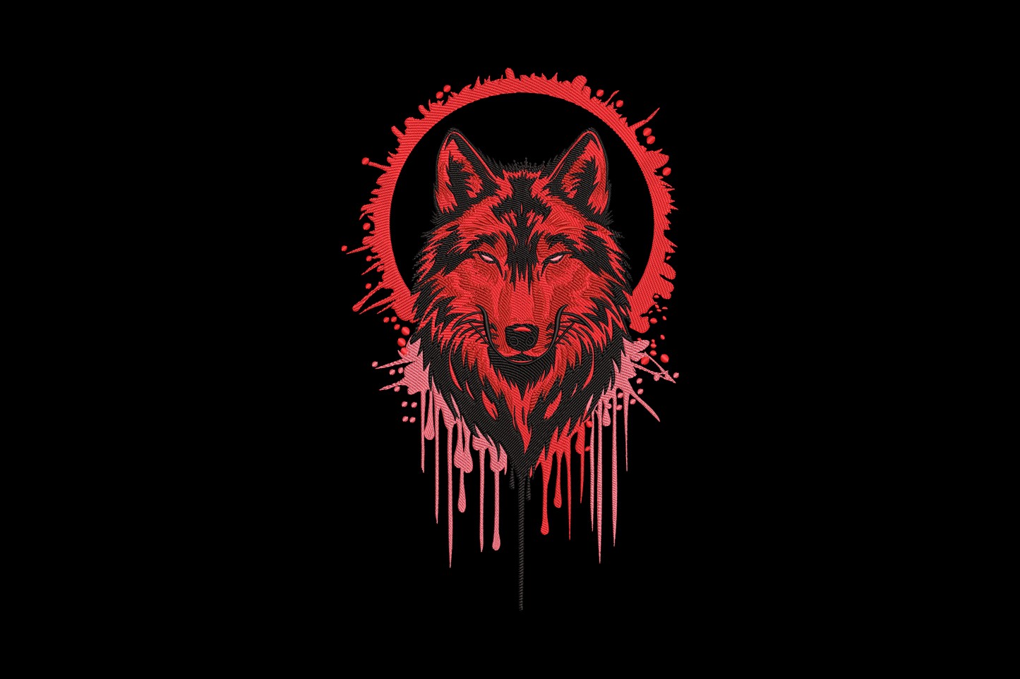 Red wolf head embroidery design with drip effect, circular splatter frame and berry clusters, crimson and black on four thread colours.