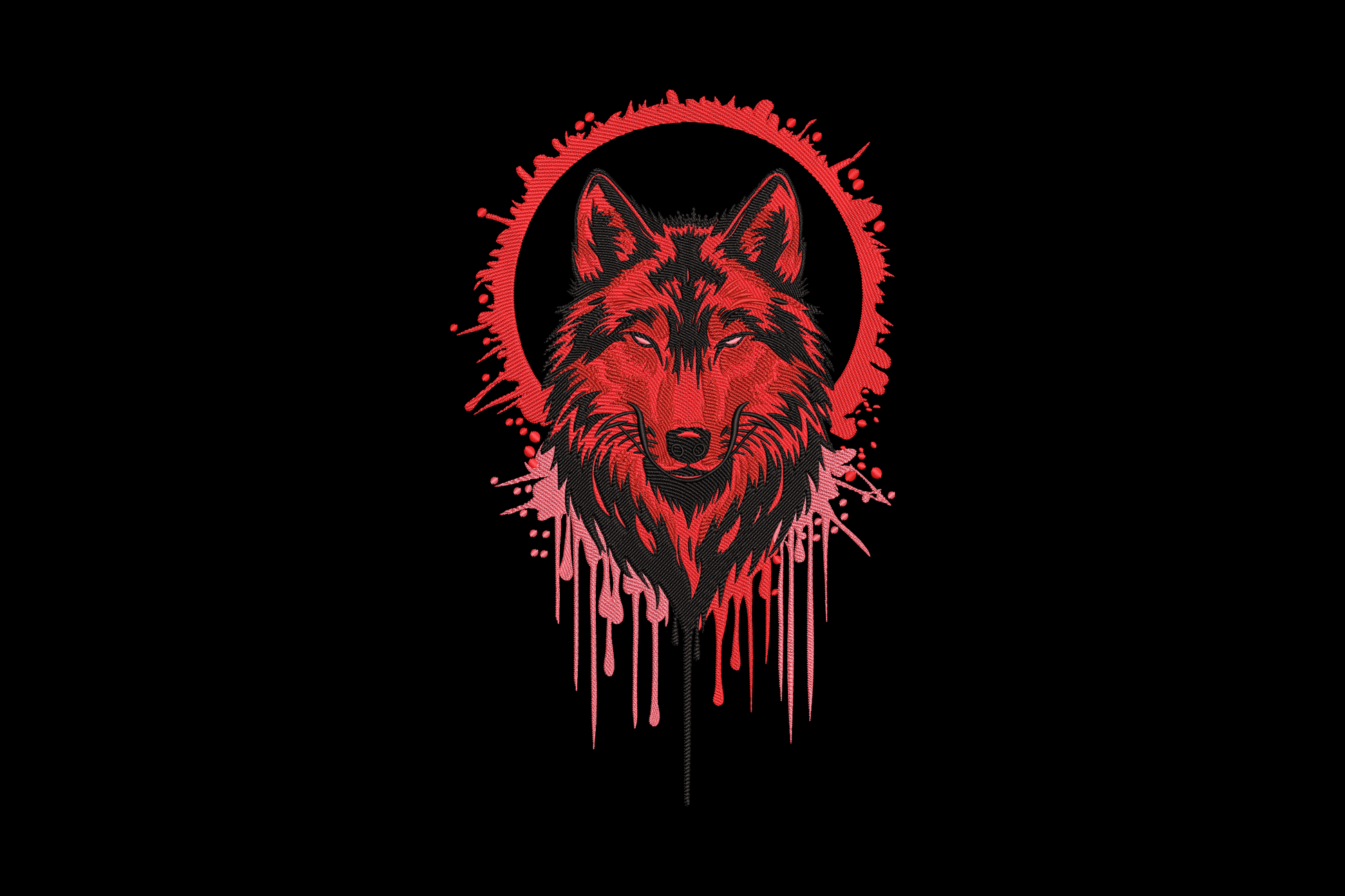 Red wolf head embroidery design with drip effect, circular splatter frame and berry clusters, crimson and black on four thread colours.
