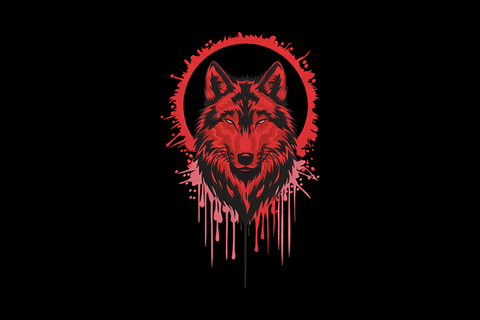 Red wolf head embroidery design with drip effect, circular splatter frame and berry clusters, crimson and black on four thread colours.