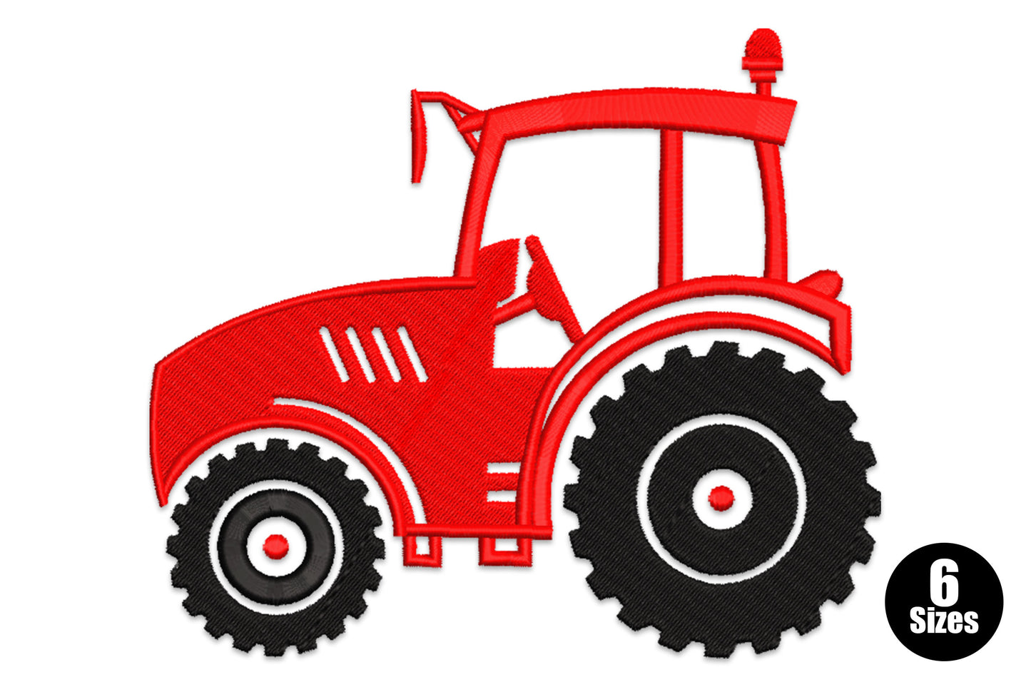 Machine embroidery design of a modern red farm tractor in side profile with solid red fill and black outline, 2 colors
