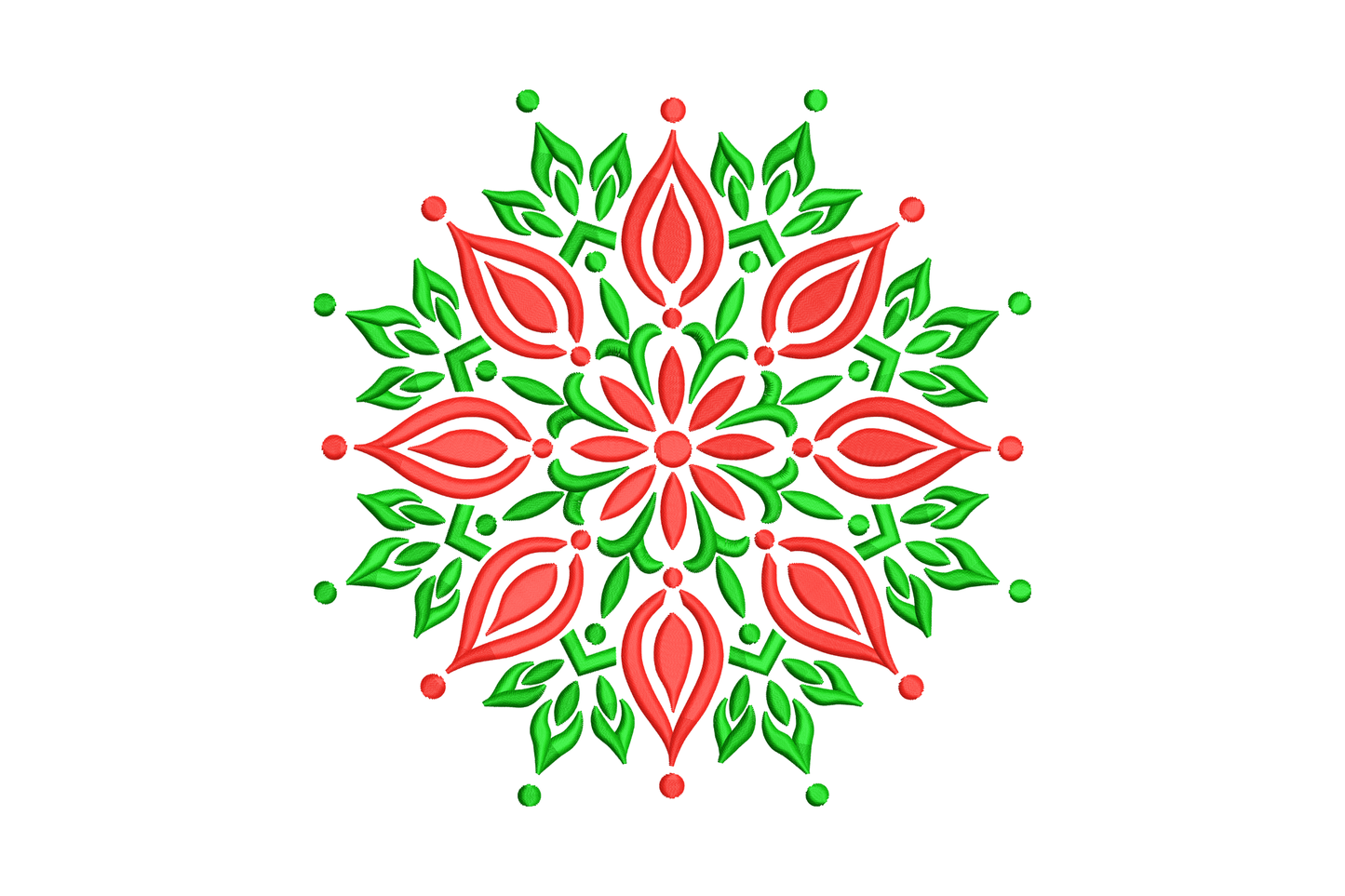 Red and green floral mandala machine embroidery design, symmetrical snowflake-like leaf and petal pattern on white background
