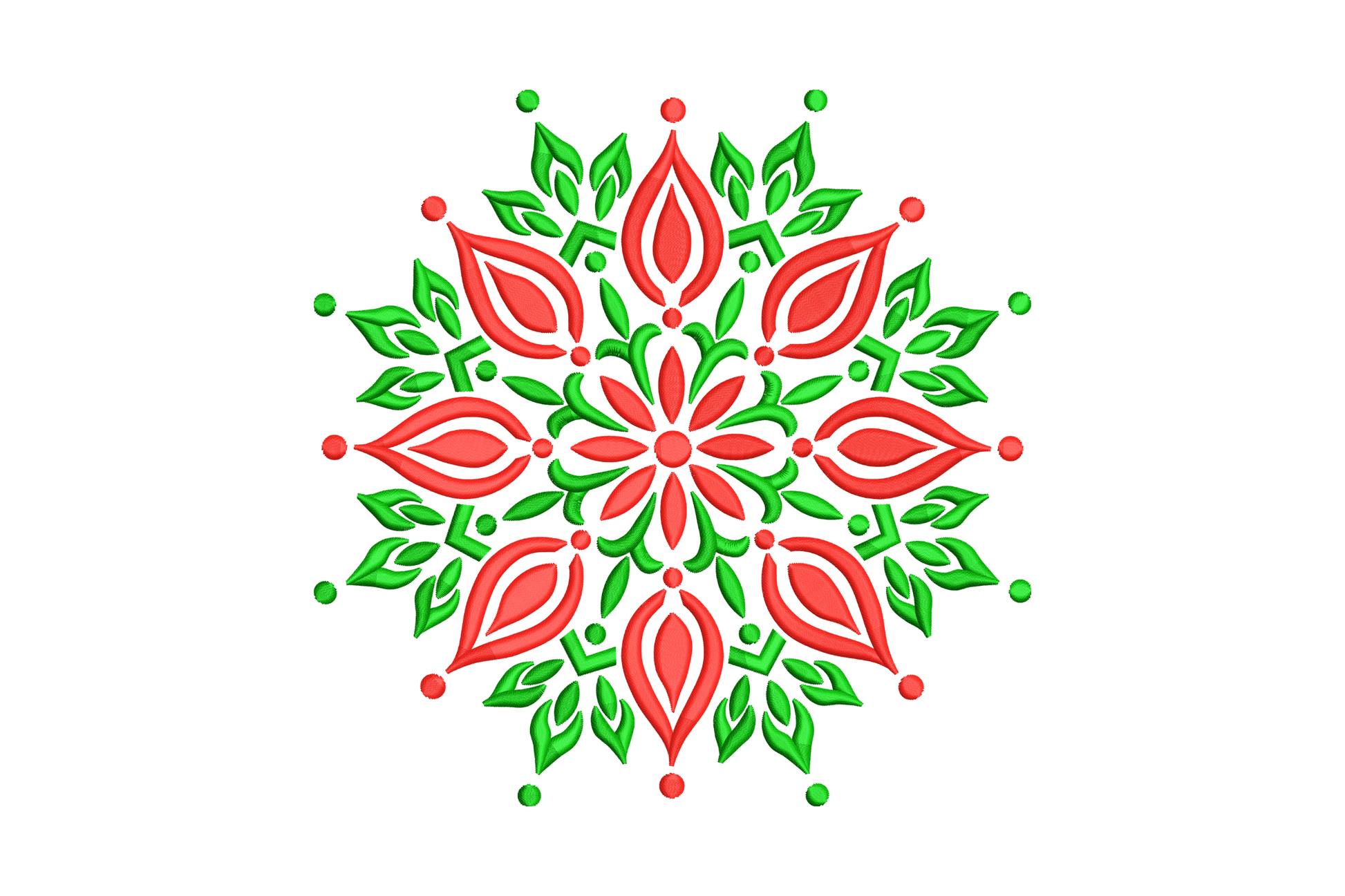 Red and green floral mandala machine embroidery design, symmetrical snowflake-like leaf and petal pattern on white background