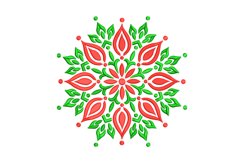 Red and green floral mandala machine embroidery design, symmetrical snowflake-like leaf and petal pattern on white background