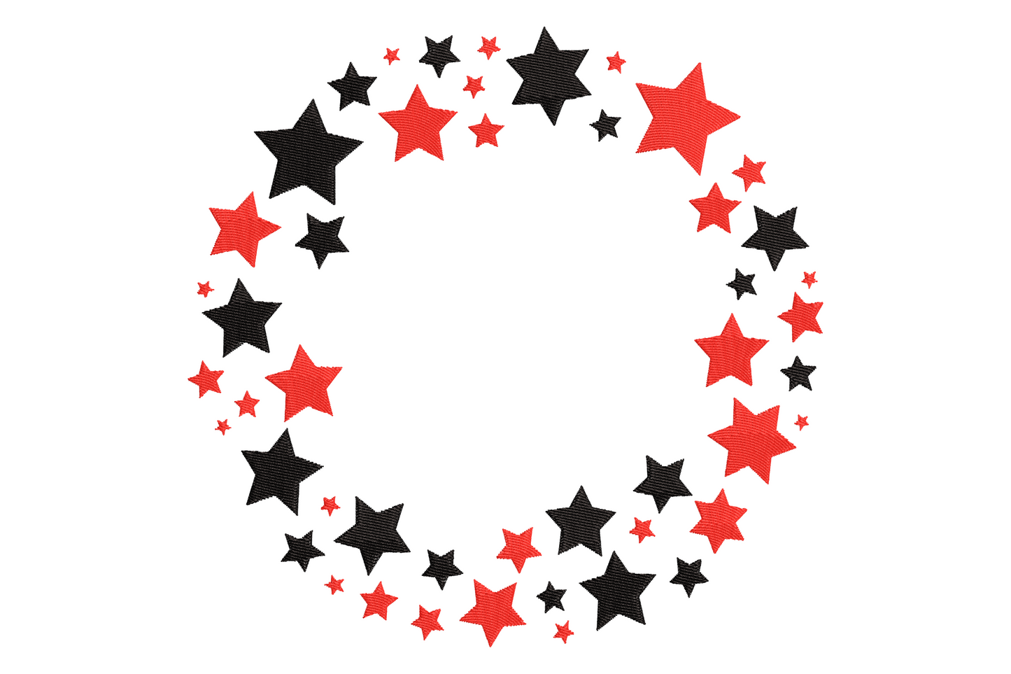 Red and black star wreath embroidery design with scarlet stars alternating matte black accents in circular arrangement, stitched on cream pillow fabric.
