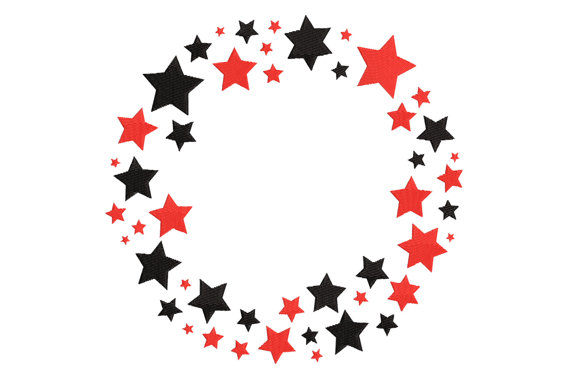 Red and black star wreath embroidery design with scarlet stars alternating matte black accents in circular arrangement, stitched on cream pillow fabric.