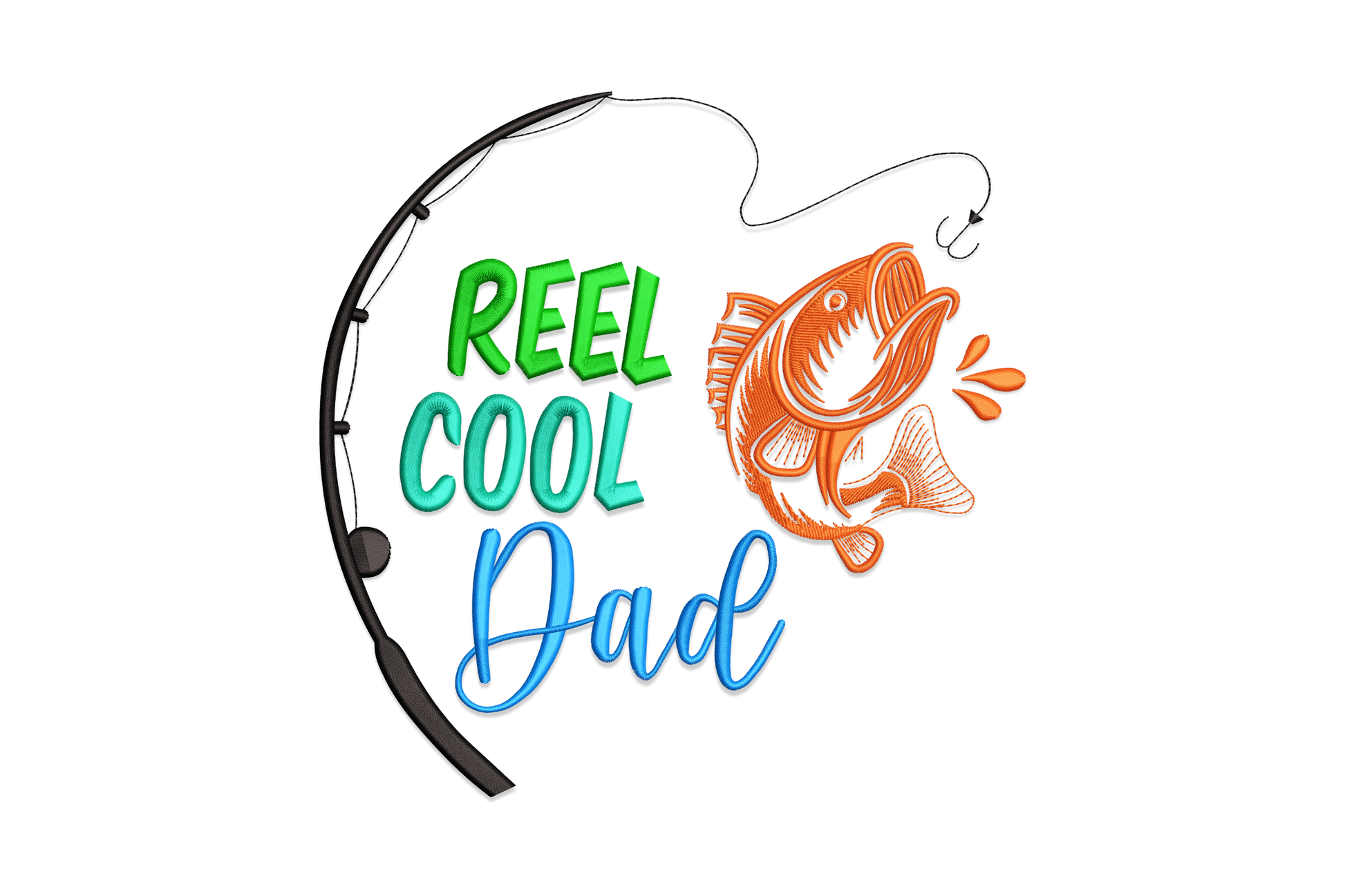 Reel Cool Dad fishing pun machine embroidery design, bold mixed typography with fish motif, 5 colours, 5 sizes from 4.01 to 8.01 inches