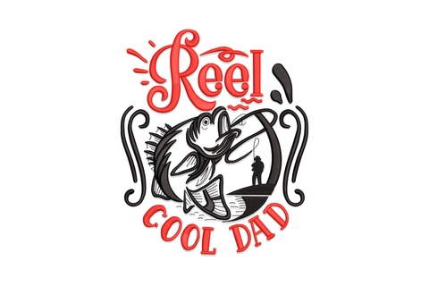Reel Cool Dad fishing embroidery design, circular badge with jumping bass fish, tiny fisherman silhouette inside, red script and black slab lettering.