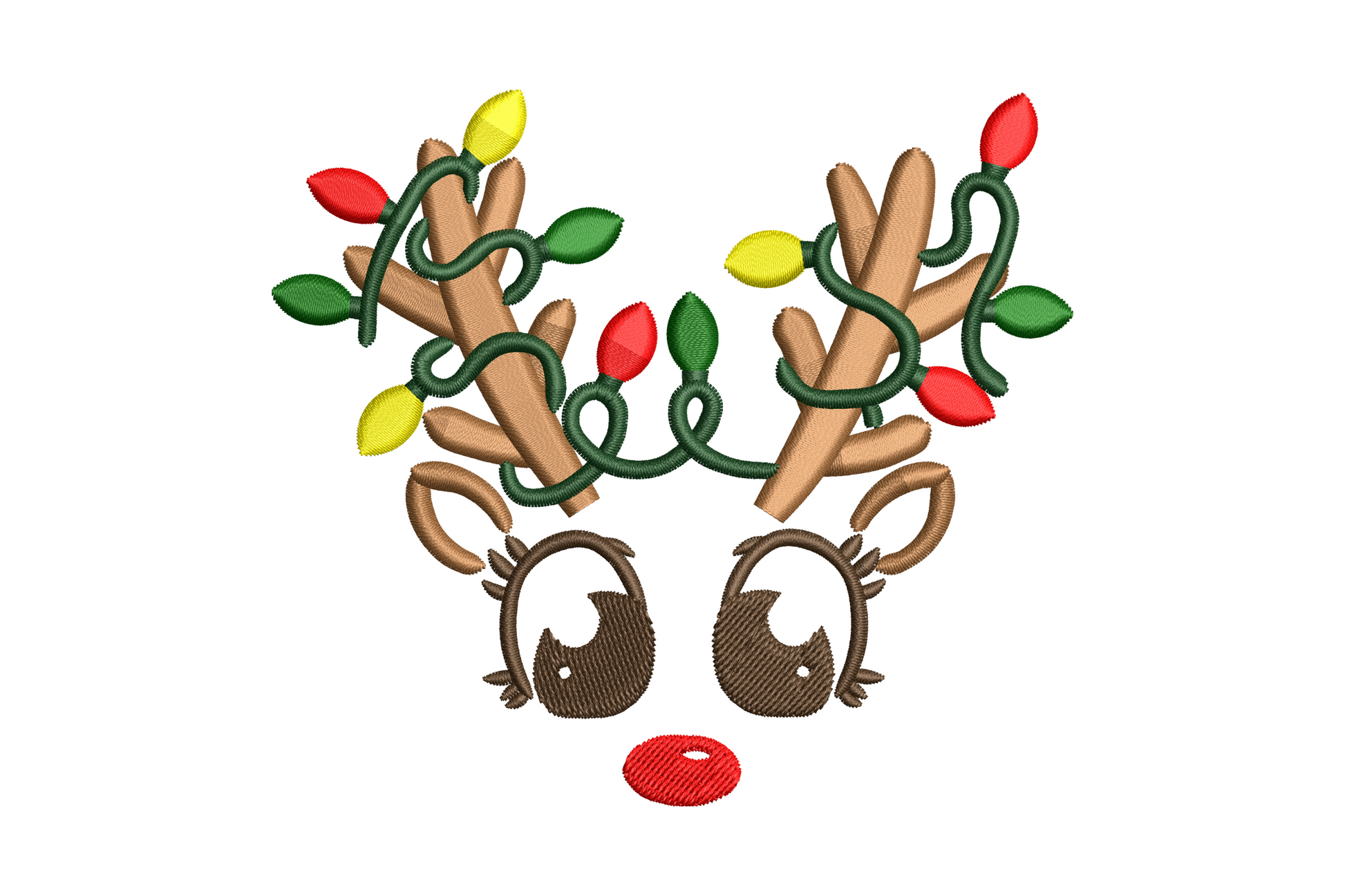 Reindeer face with big brown eyes and antlers wrapped in coloured Christmas lights and red nose embroidery design