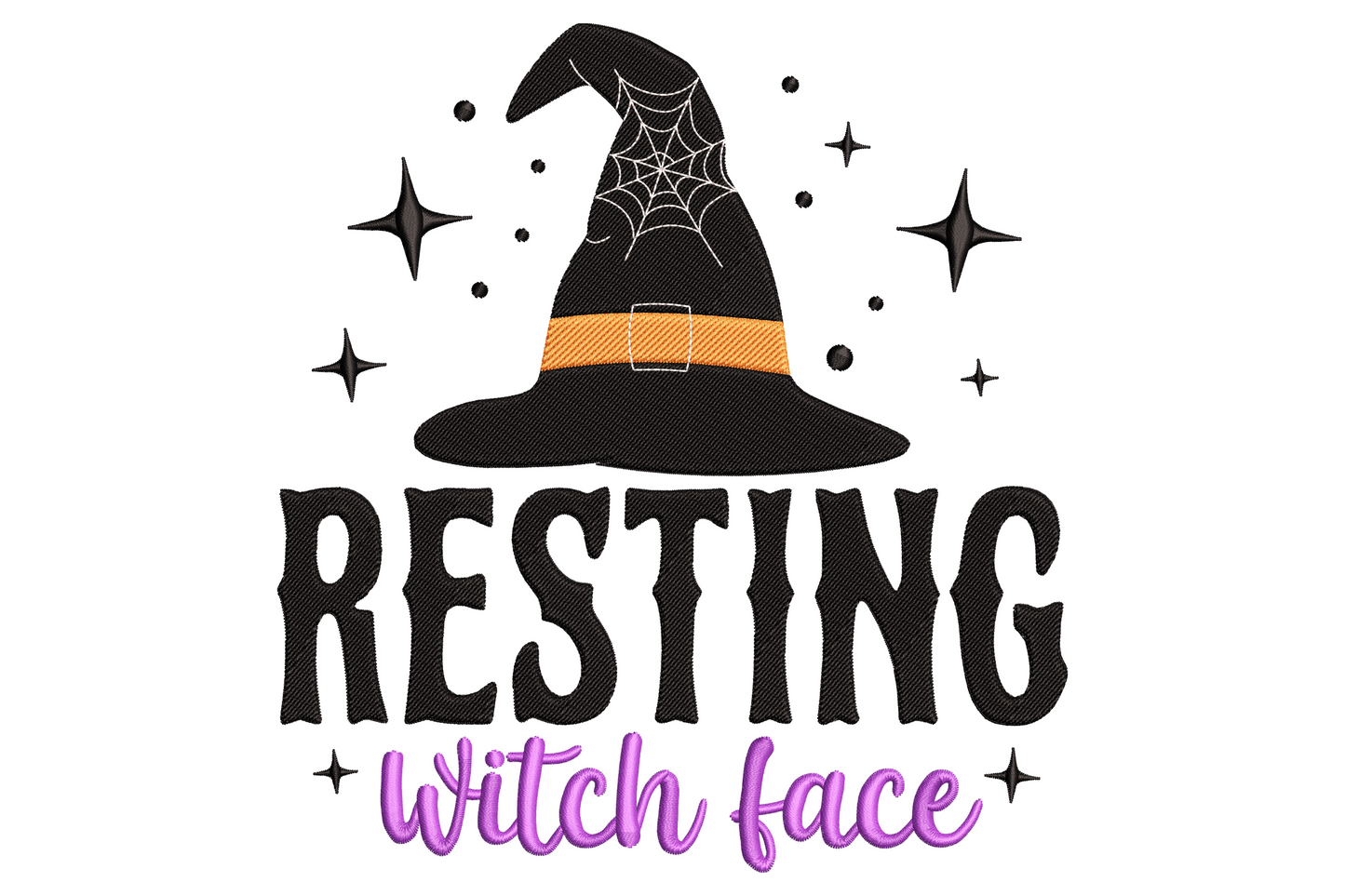 Cartoon witch face with unimpressed expression, pointy nose and tall black hat, pale green face with purple shadows, flat bold colourway on white background.