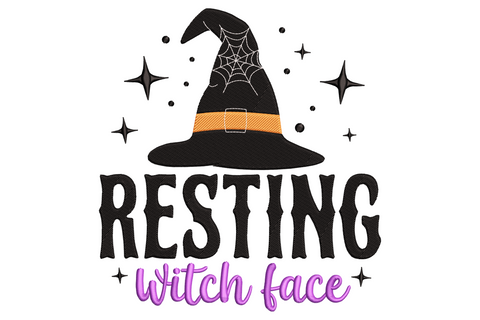Cartoon witch face with unimpressed expression, pointy nose and tall black hat, pale green face with purple shadows, flat bold colourway on white background.
