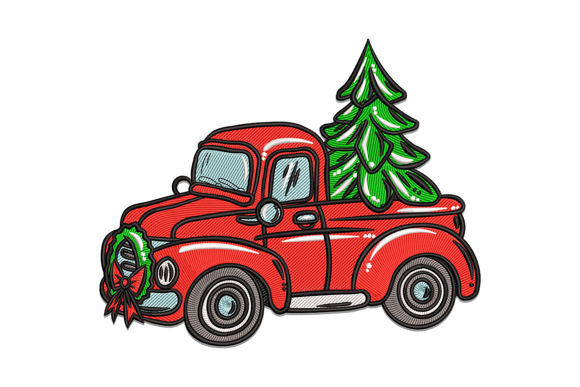 Retro holiday pickup truck embroidery design with hunter green cab, Christmas tree in bed, and crimson bow on linen fabric.