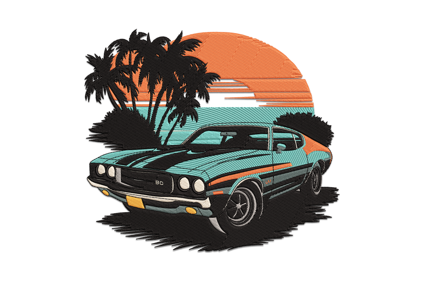 Retro muscle car sunset embroidery design, nine-colour American classic car silhouette against orange sunset sky