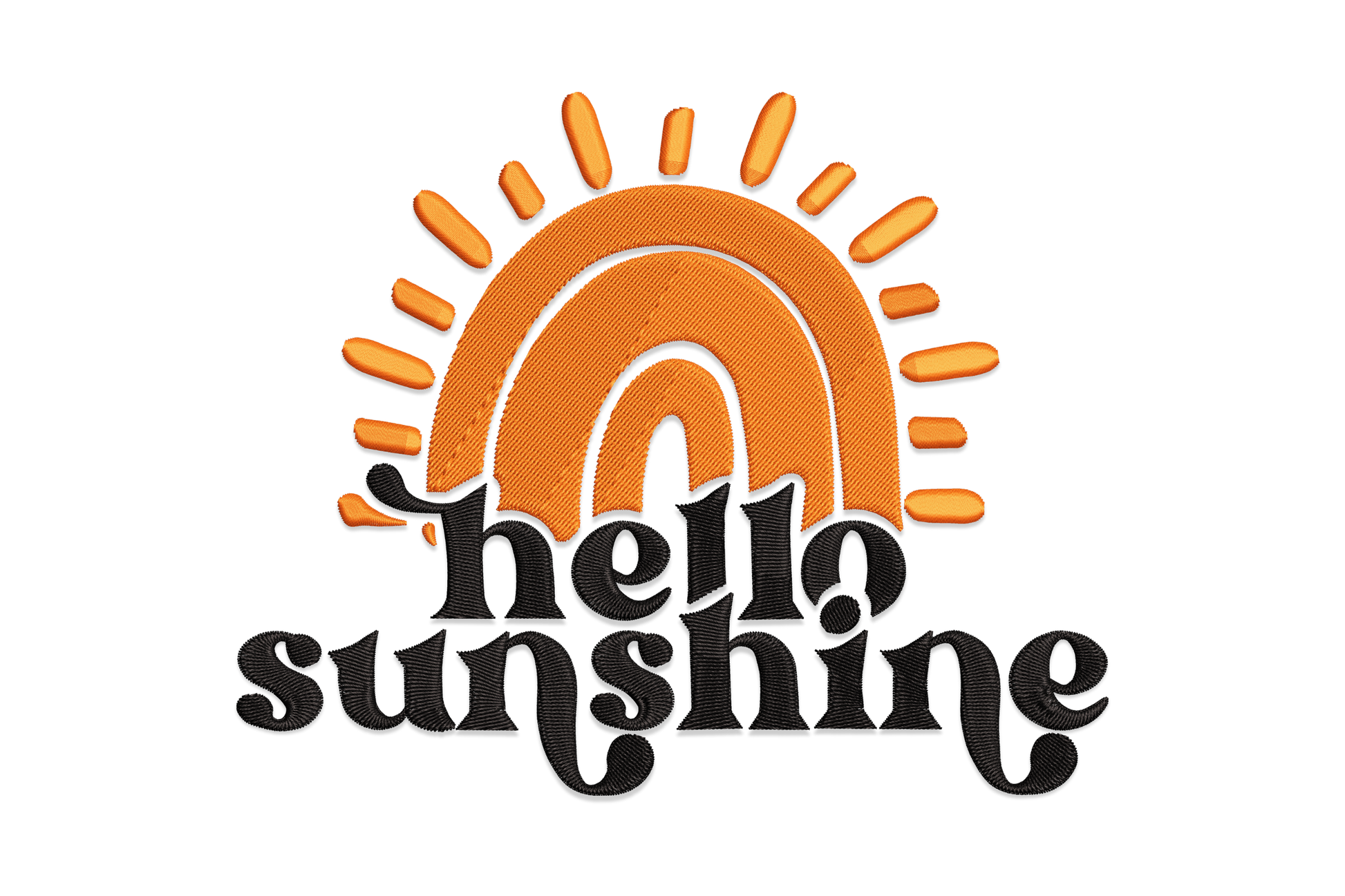 Retro rainbow sun quote embroidery design with spiky orange sun rays, concentric satin arch, and hello sunshine text in black retro serif.