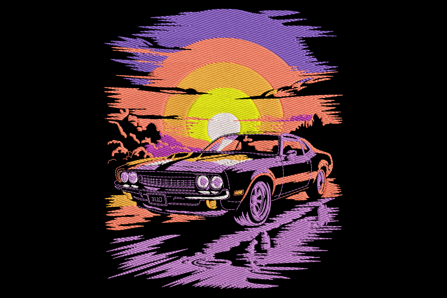 Vintage muscle car embroidery in front of a purple, orange and pink retro sunset disc with hatched sky lines
