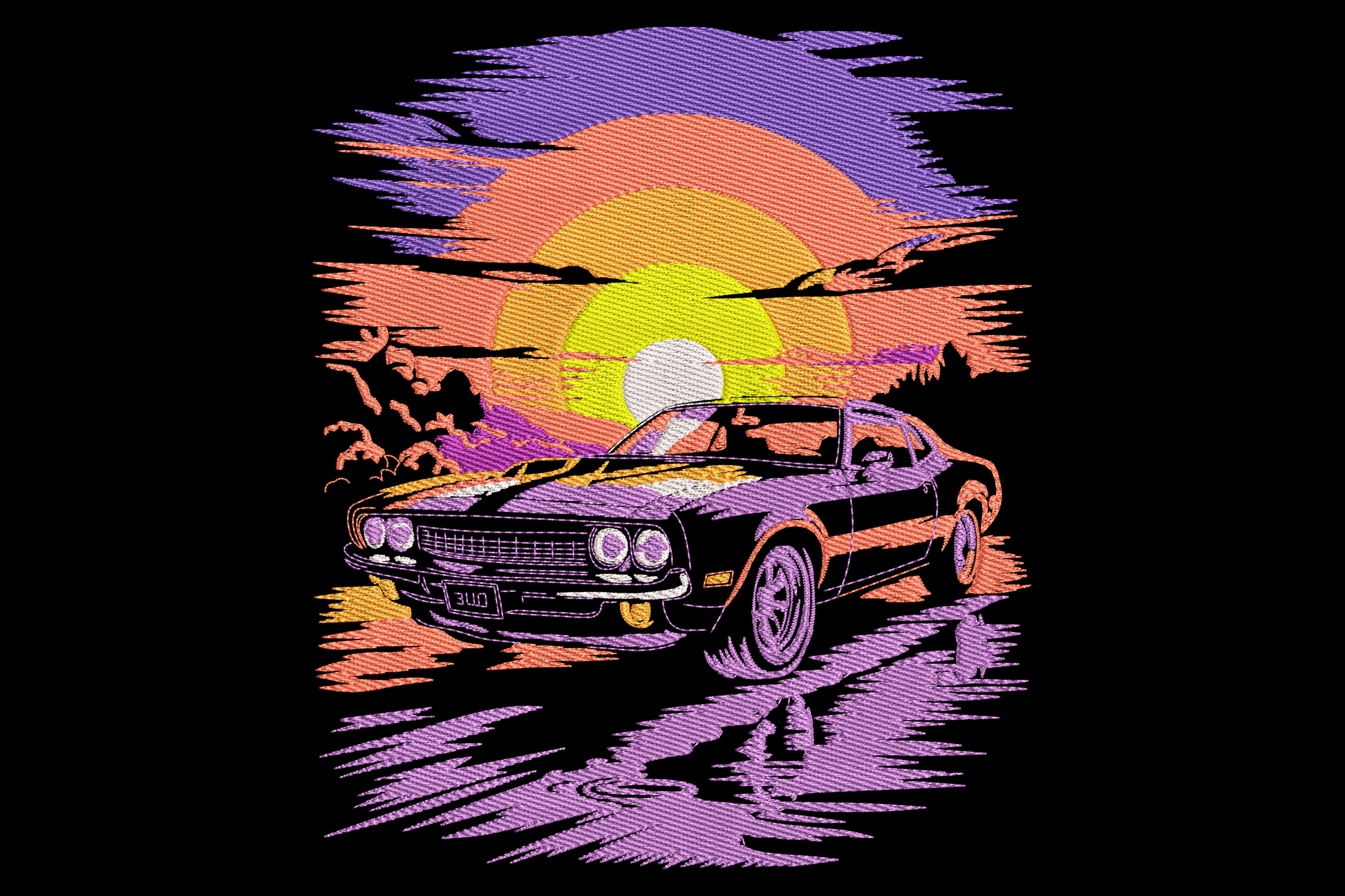 Vintage muscle car embroidery in front of a purple, orange and pink retro sunset disc with hatched sky lines