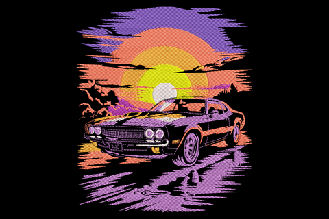 Vintage muscle car embroidery in front of a purple, orange and pink retro sunset disc with hatched sky lines
