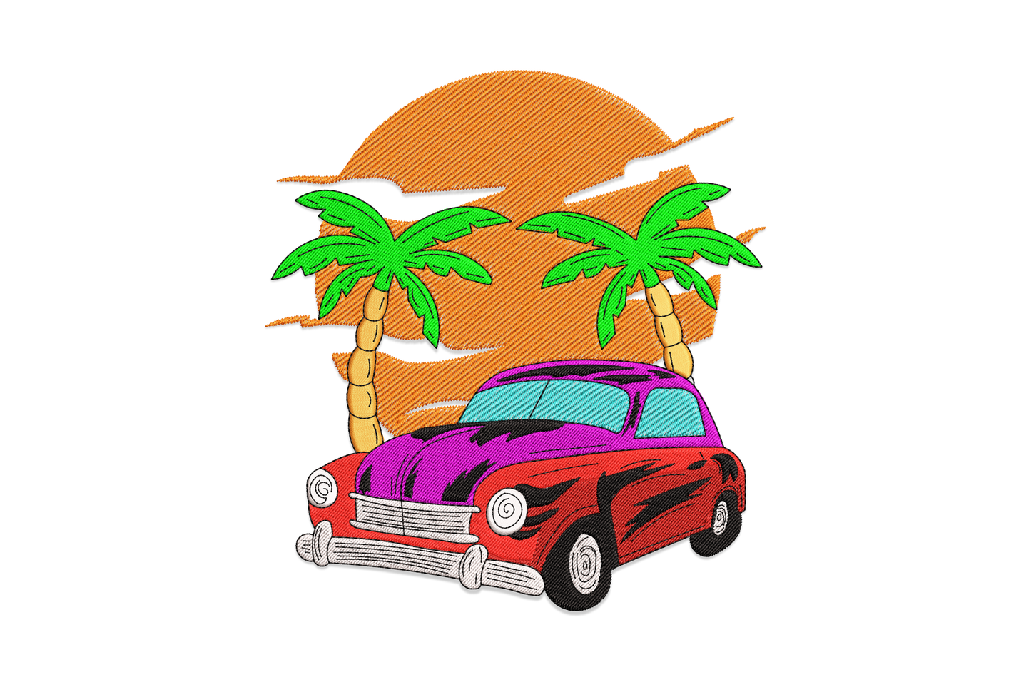 Embroidery design of a cherry red vintage convertible car stacked with mustard suitcases and green palm fronds spilling from the back seat, in 9 thread colours
