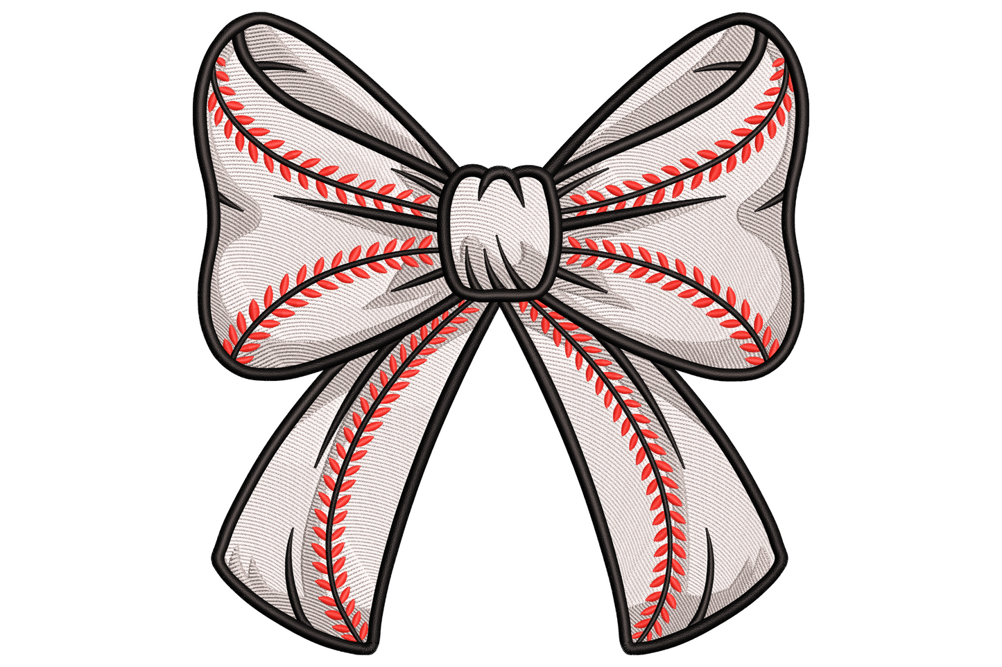 Ribbon bow embroidery design with symmetrical loops, pinch centre, and two flowing tails in rich pink satin fill with clean directional stitching.