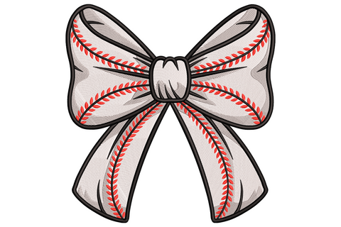 Ribbon bow embroidery design with symmetrical loops, pinch centre, and two flowing tails in rich pink satin fill with clean directional stitching.