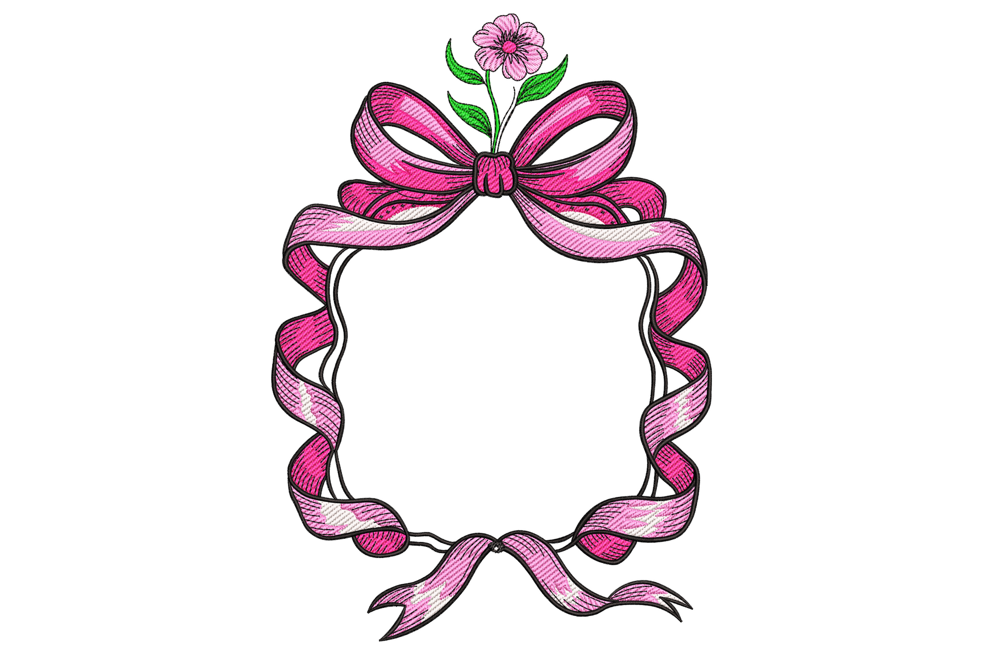 Ribbon floral frame embroidery design, corner ribbon bows, blush pink, sage green leaf stems, cream flower heads, open center for name or monogram.