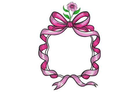 Ribbon floral frame embroidery design, corner ribbon bows, blush pink, sage green leaf stems, cream flower heads, open center for name or monogram.
