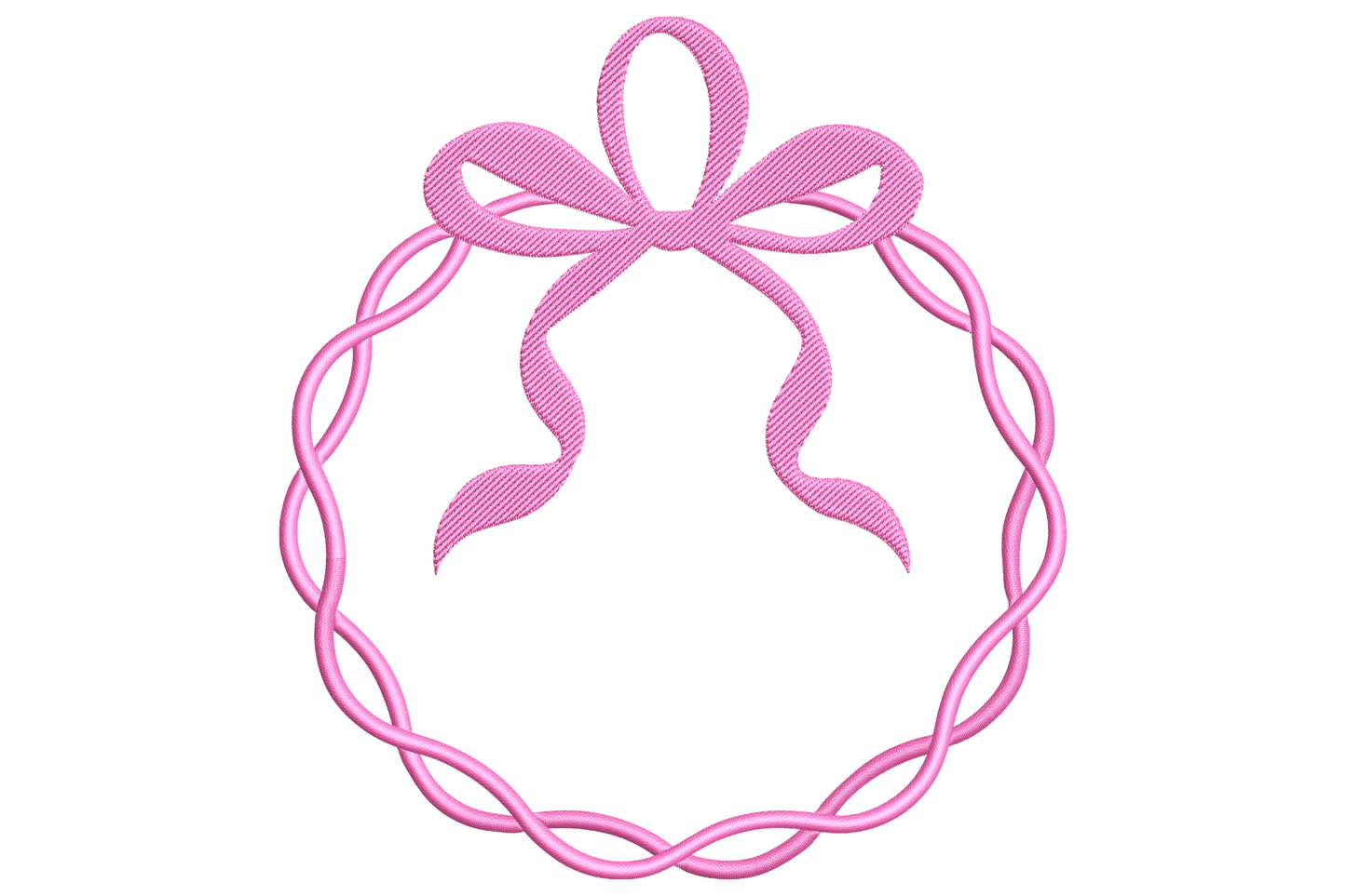 Pink ribbon oval frame embroidery design with a twisted rope border and a soft bow tied at the top.