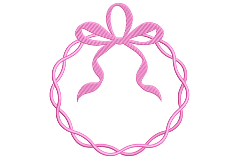 Pink ribbon oval frame embroidery design with a twisted rope border and a soft bow tied at the top.