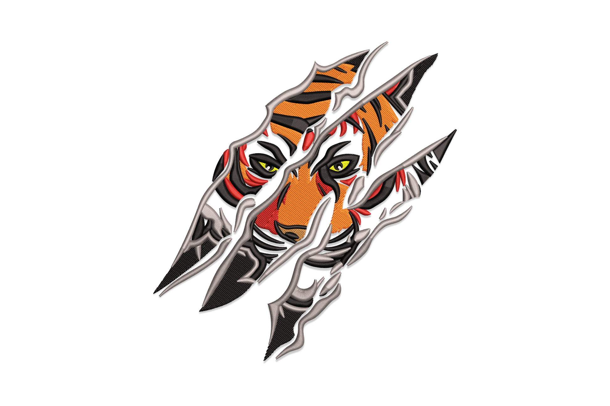 Ripped tiger face embroidery, three diagonal claw tears revealing orange tiger face peering through, silver-grey torn edges.