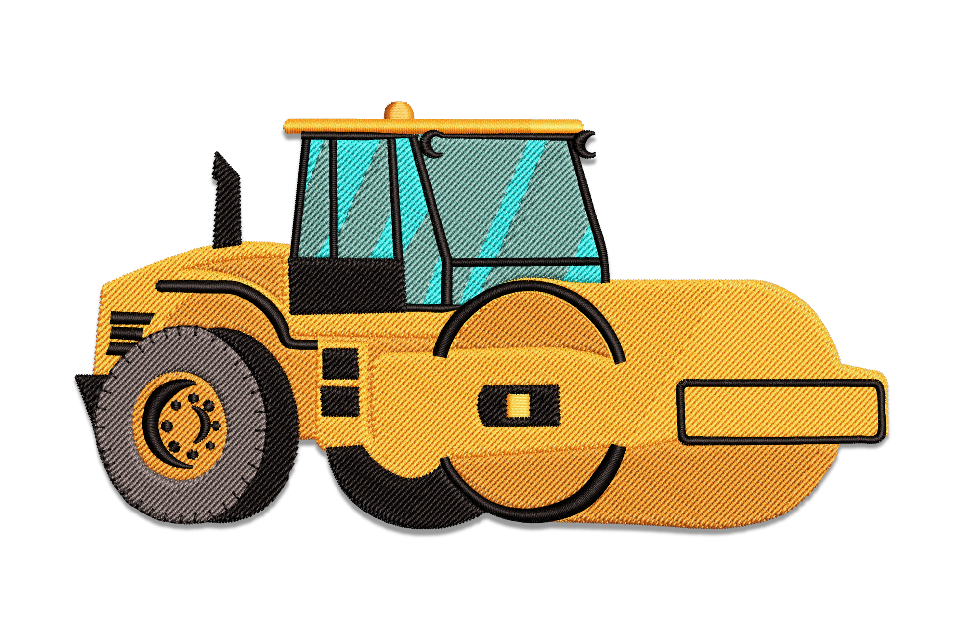 Road roller construction vehicle embroidery design in orange with aqua cab windows and black outline detail, shown side profile view