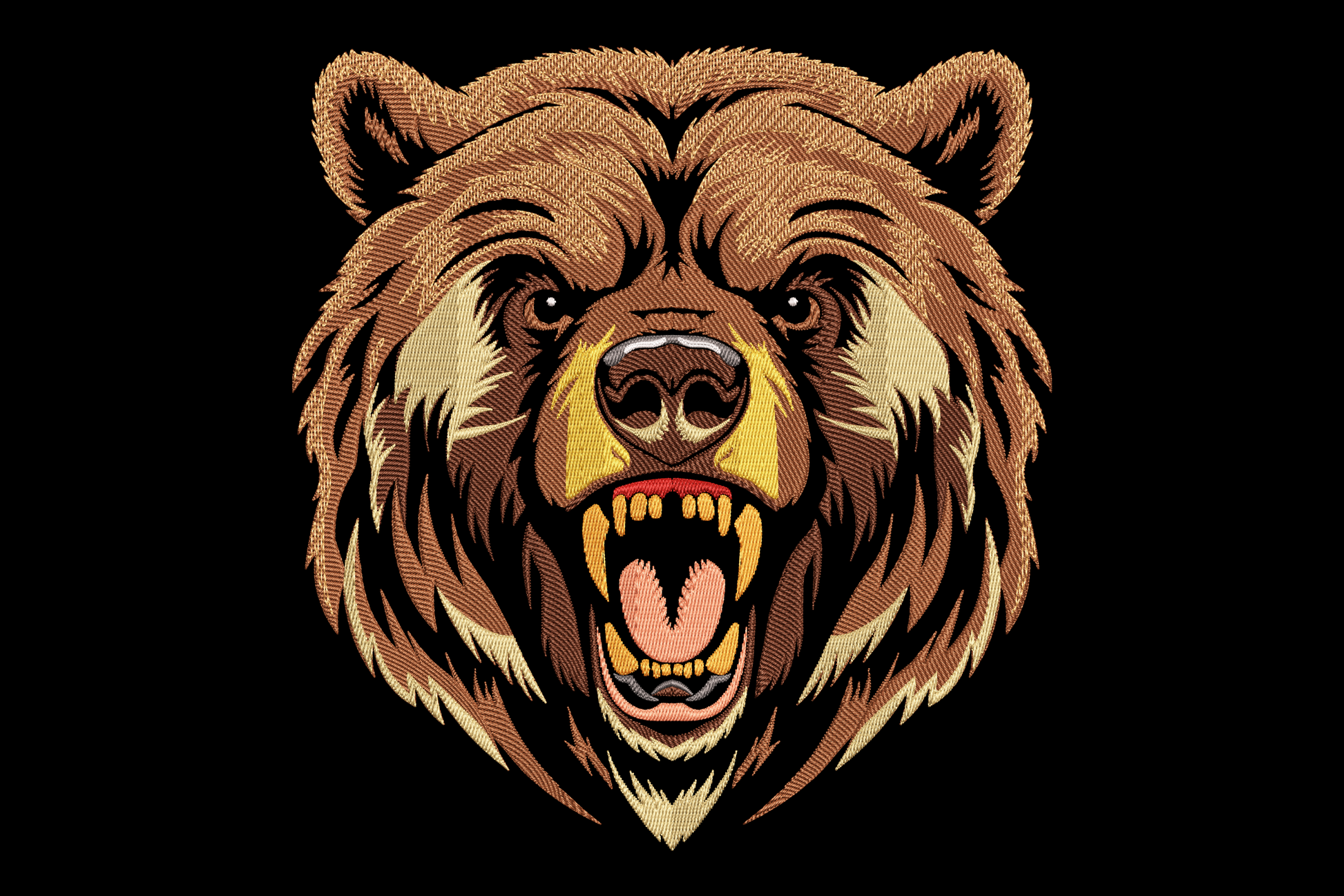 Roaring bear head embroidery design with directional fur stitching, 10 colours, realistic wildlife style on white background