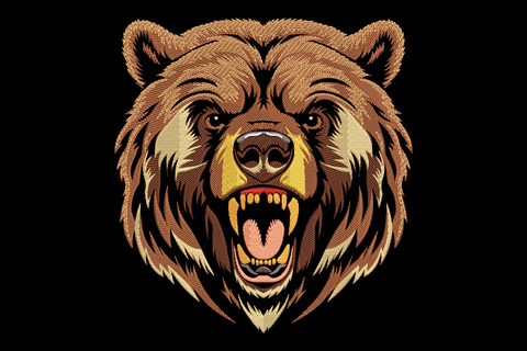 Roaring bear head embroidery design with directional fur stitching, 10 colours, realistic wildlife style on white background
