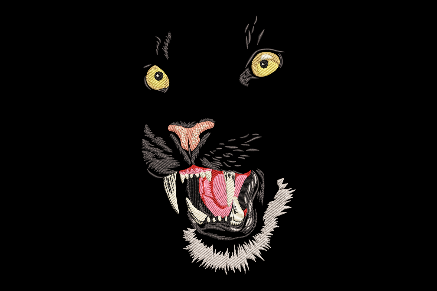 Roaring black panther face embroidery with amber eyes, bared fangs, open mouth and ruffled off-white chin fur on black.