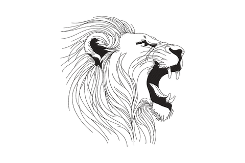 Roaring lion line art embroidery design, single black thread side profile with open mane, 6 sizes 3-8 inches, digitised in Wilcom EmbroideryStudio.