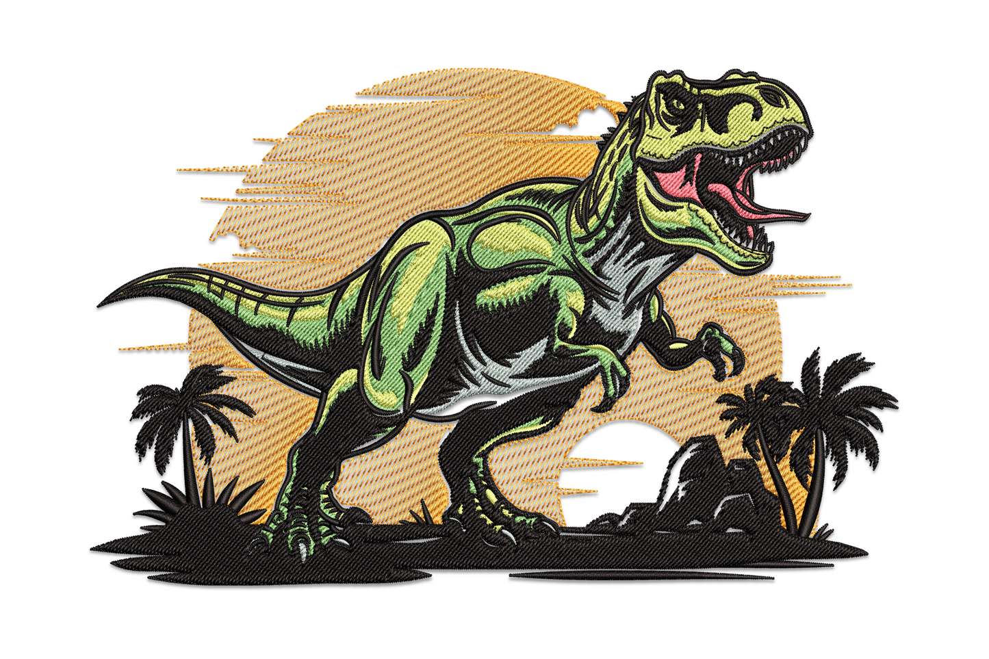Roaring T-Rex dinosaur machine embroidery design with open mouth showing teeth, olive green scales and wide horizontal stance
