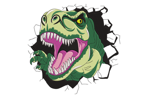 Roaring T-Rex embroidery design, layered green satin scales with red mouth and white teeth, 7.36 by 7.5 inches, 7 colours