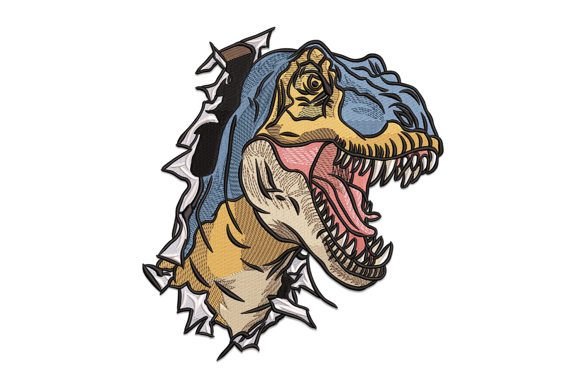 Roaring T-rex head embroidery design in side profile with orange-gold scales, blue-grey skull and cream teeth on navy fabric.