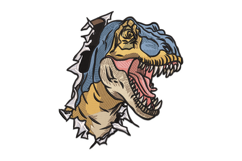Roaring T-rex head embroidery design in side profile with orange-gold scales, blue-grey skull and cream teeth on navy fabric.