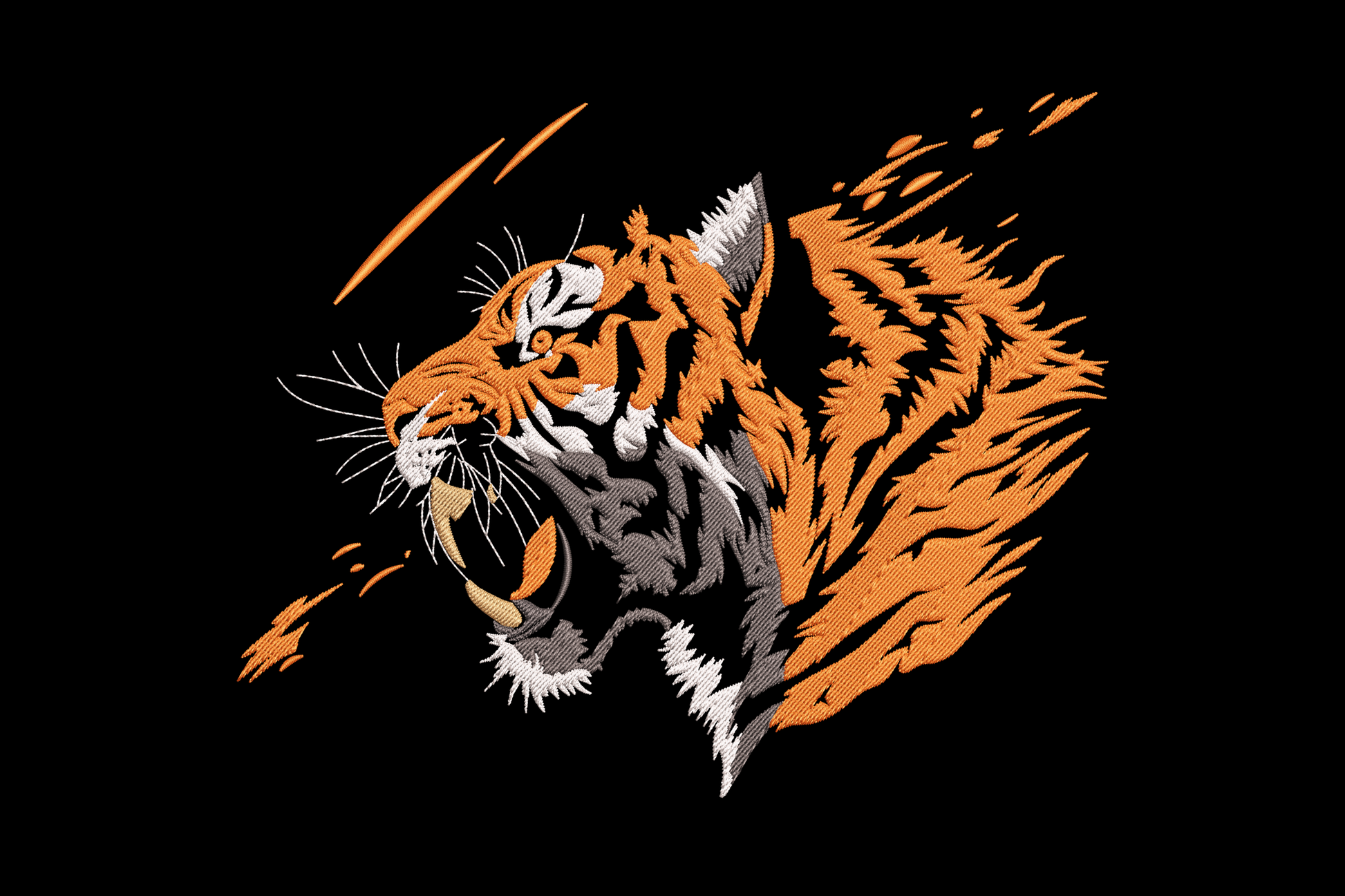 Roaring tiger head embroidery, front facing with open mouth fangs and yellow eyes, orange fur with black bengal stripes