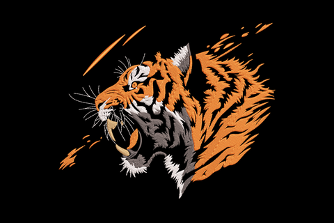 Roaring tiger head embroidery, front facing with open mouth fangs and yellow eyes, orange fur with black bengal stripes