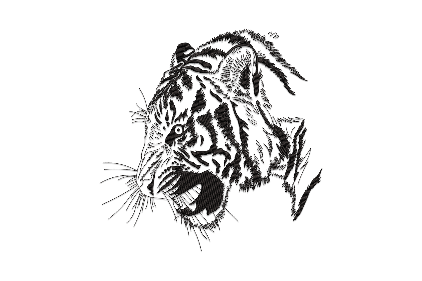 Roaring tiger head line art embroidery design, front-facing open mouth roar with directional fur lines in single black thread