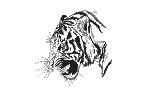 Roaring tiger head line art embroidery design, front-facing open mouth roar with directional fur lines in single black thread