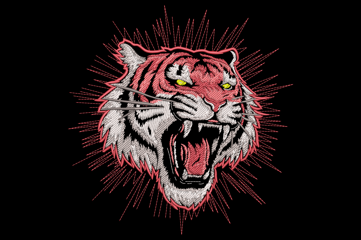 Roaring tiger head embroidery design with rust red fur, cream chin, ink stripes, pink tongue and a bold radial line-burst behind on dark fabric.