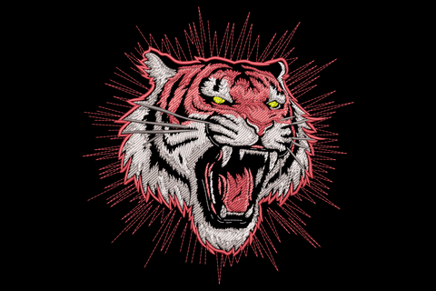 Roaring tiger head embroidery design with rust red fur, cream chin, ink stripes, pink tongue and a bold radial line-burst behind on dark fabric.