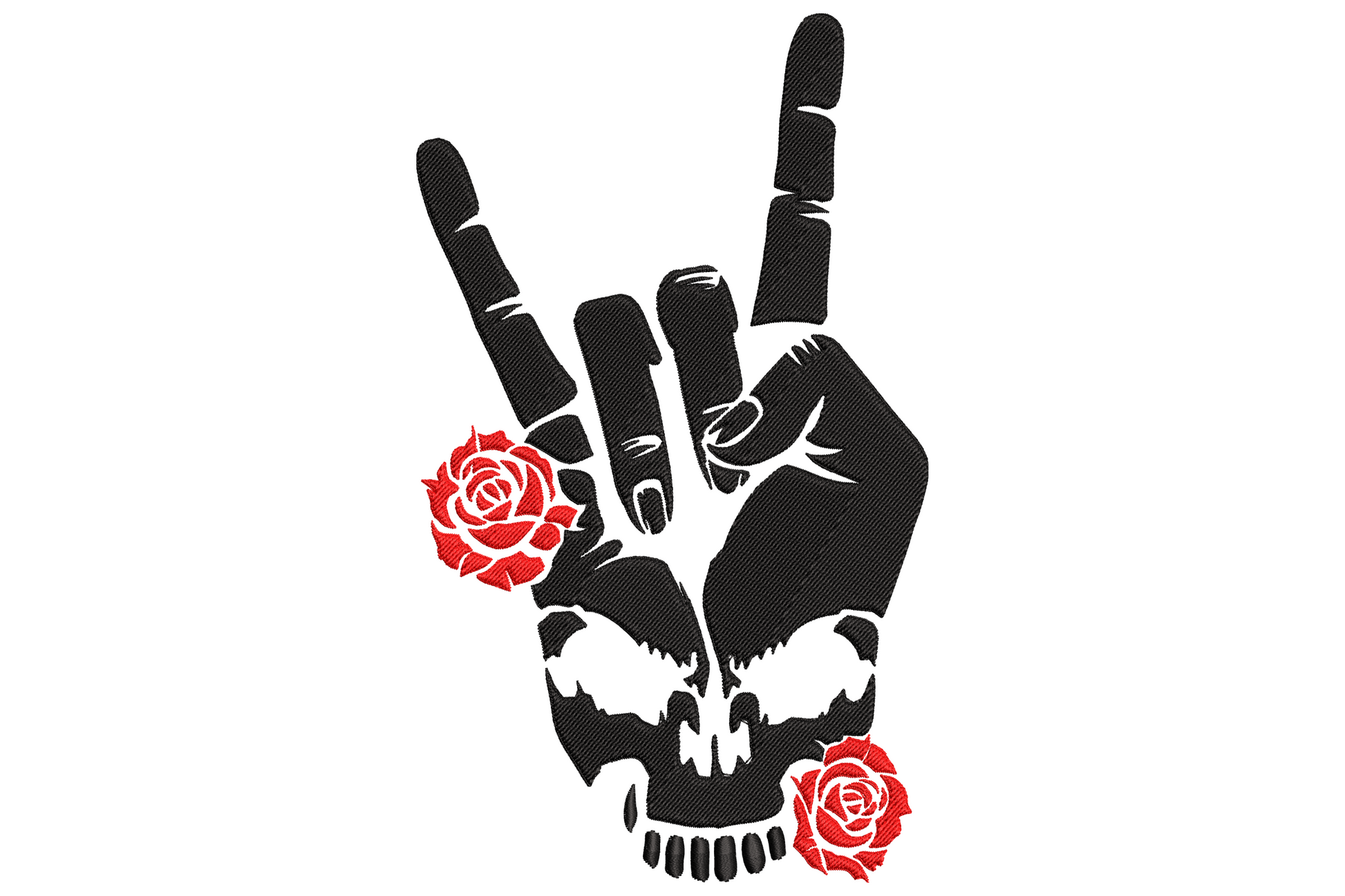 Gothic rock hand skull rose embroidery design, black and red tattoo-style linework, skull at wrist with blooming rose, two-colour graphic composition.