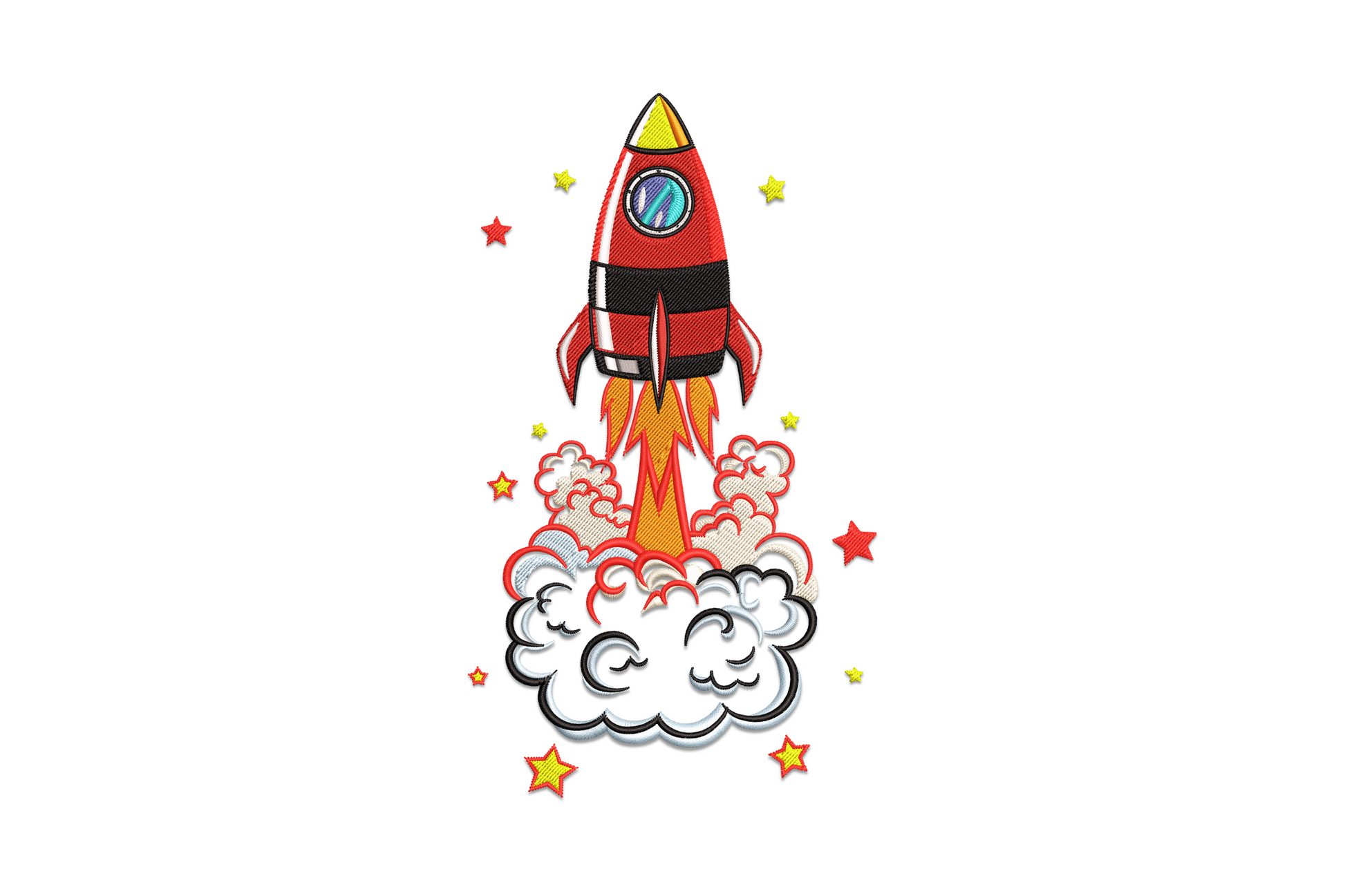 Cartoon red and yellow rocket mid-launch with orange flames, white smoke clouds and red and yellow stars bursting around the cloud edges